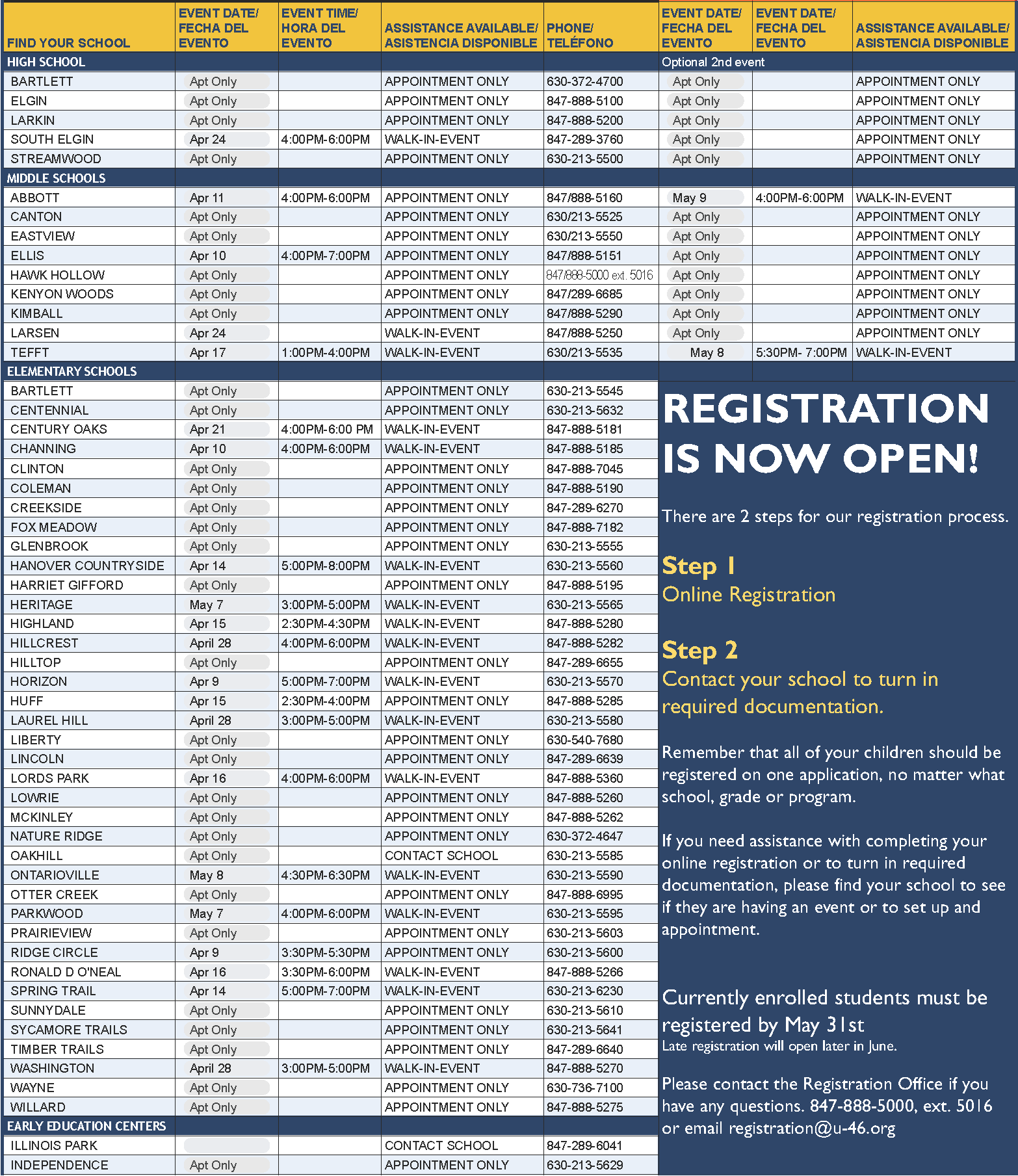 Spring Registration Events by School Spring Registration Events by School
